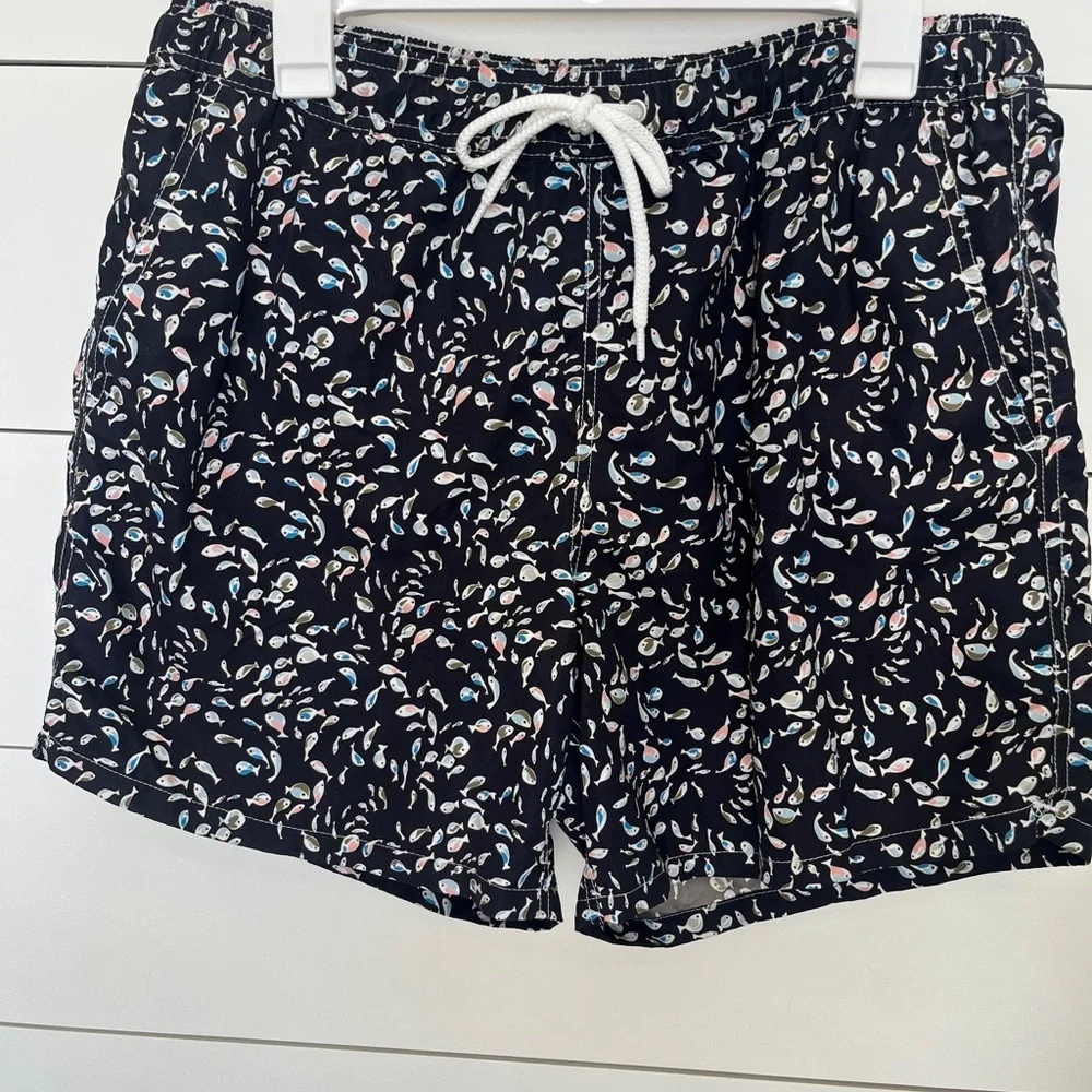 J. Crew Navy Swim Trunks with Colorful Pattern